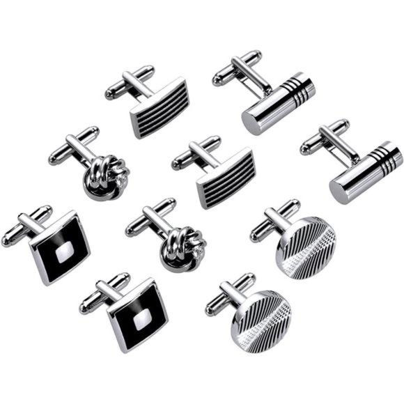 5 Pair Men's Cufflinks Cuff Links Stainless Steel Classic Tone Cufflinks Black - Picture 1 of 6